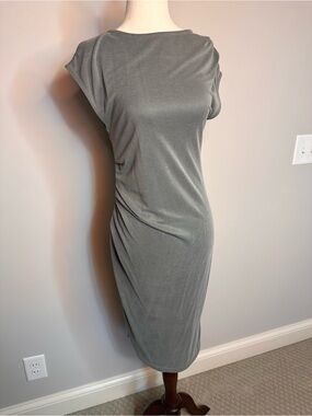 Sz 4 Topshop muted blue green ruched cap sleeve high neck midi dress